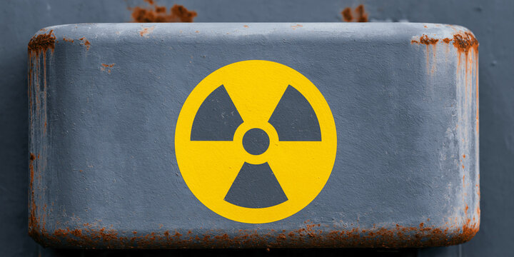 A close-up of a rusted metal container with a bright yellow radiation symbol on it. The symbol is clearly visible against the weathered surface, indicating a hazardous material