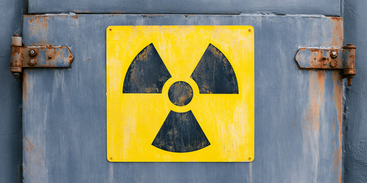 A yellow and black radioactive symbol warning sign attached to a weathered metal door with rust. The sign is square with a black hazard symbol in the center and is securely fastened with four bolts.