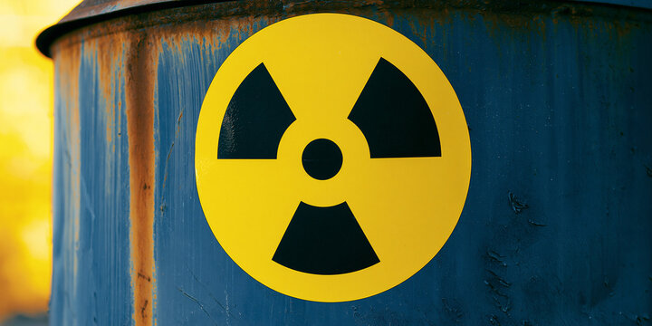 A close-up of a blue industrial barrel with a yellow radiation symbol on its side, indicating hazardous material and potential danger