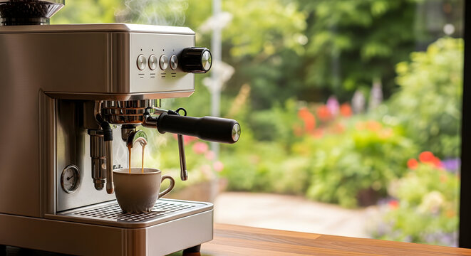 Espresso Machine Brewing Coffee in Cozy Kitchen Overlooking Lush Garden with Colorful Flowers in Bright Morning Light