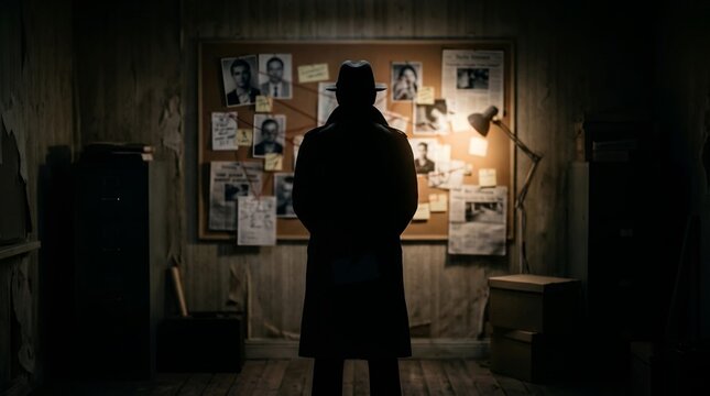 Silhouette of a detective wearing a hat looking at a crime board in a dark room.