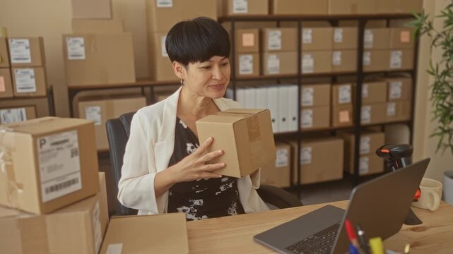 Woman holding and inspecting a cardboard box with hands at a laptop covered desk in a small warehouse building; focused productivity.