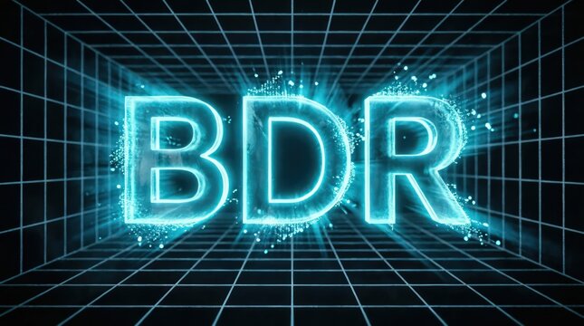 Glowing Cyan BDR Acronym in Futuristic Digital Grid Tunnel
