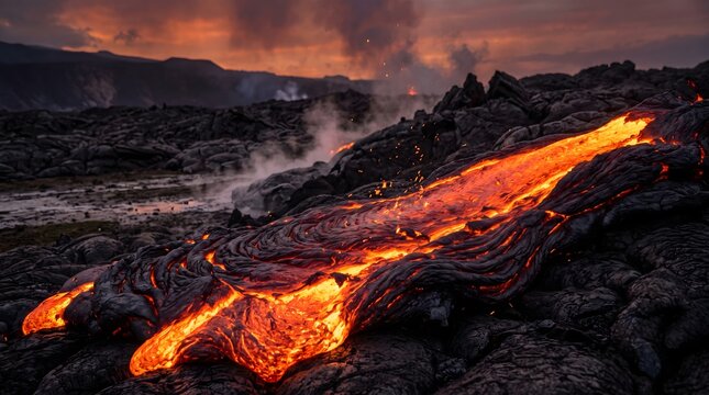 Glowing molten lava flows across jagged dark volcanic rock under a dramatic dark twilight cloudy sky