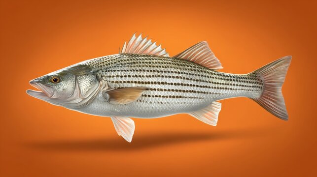 Detailed Illustration of Striped Bass Fish on Vibrant Orange Background for Art and Educational Use