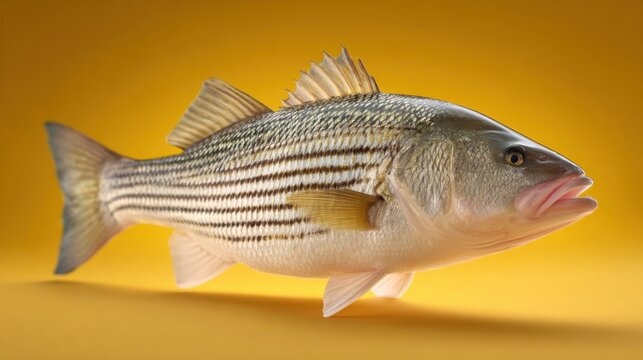 Striped bass portrait against vibrant yellow background showcasing scales and fins to highlight aquatic beauty and nature
