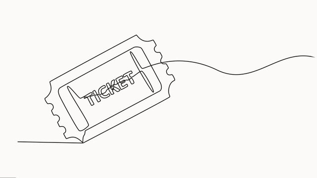 Self-drawing of Ticket Single Line Icon, Concert or Movie Ticket, Continuous one-line drawing cinema ticket vector on white background, motion graphic one line animation.