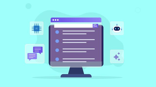 Flat vector animated desktop monitor displaying an AI communication dashboard with processor, chatbot, messaging, and intelligent workflow interface. Ideal for business, productivity, and technology m