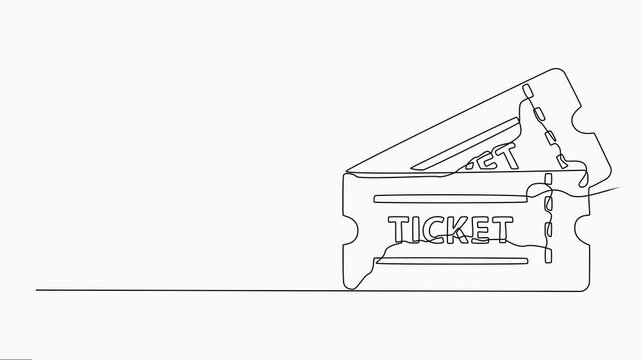 Self-drawing of Ticket Single Line Icon, Concert or Movie Ticket, Continuous one-line drawing cinema ticket vector on white background, motion graphic one line animation.