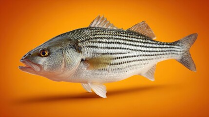Obraz premium Striped Bass Swimming Gracefully Against a Bright Orange Background with Detailed Texture and Vibrant Colors