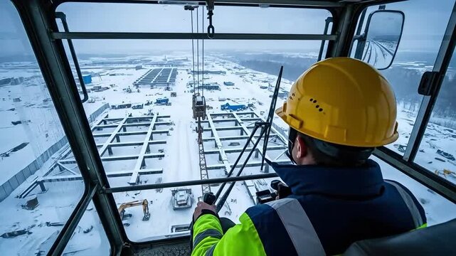Crane operator wearing yellow hard hat looking out cabin window at snowy construction site in winter with heavy machinery below