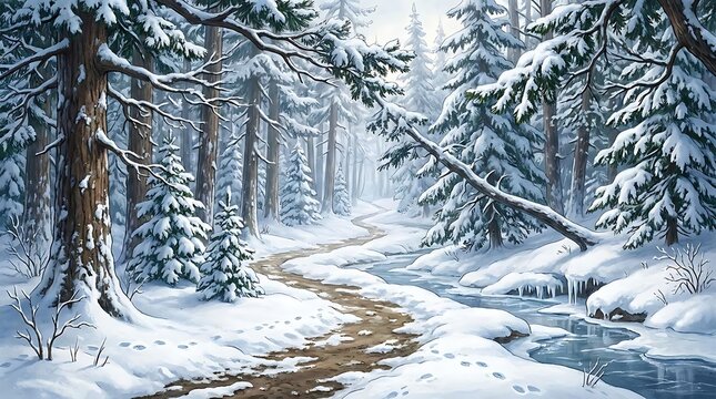 Serene winter forest path with snow covered trees and stream