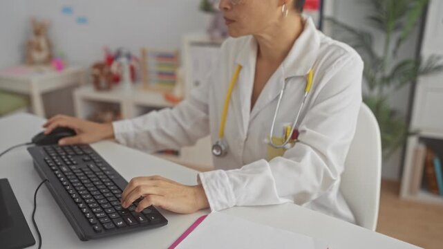 Woman doctor typing on keyboard with hands on mouse and stethoscope in a medical building; calm focused care.