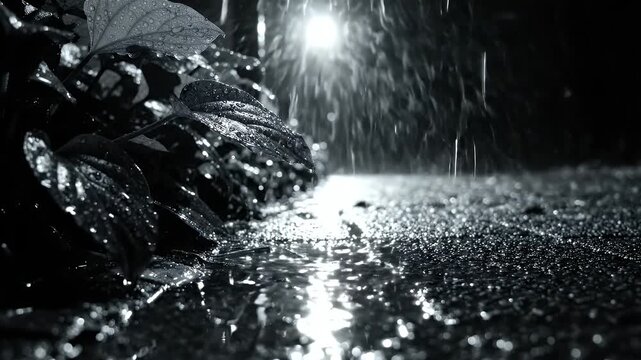 Raindrops on Wet Leaves and Pavement at Night - Close-up view of rain-soaked green leaves with water droplets, glistening on a slick pavement during a nighttime downpour.