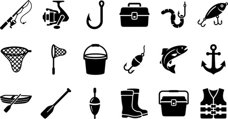 Collection of black and white fishing equipment and gear icons. © agus