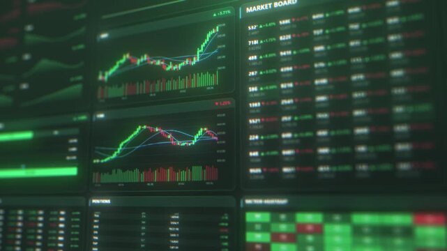 Trading terminal interface with a cryptocurrency candlestick charts, market board quotes and heatmap panels. Close up of a crypto and stock exchange dashboard with green and red price data