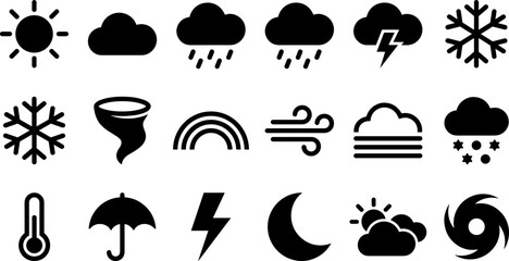 Obraz premium Set of black weather icons representing various climate conditions and forecasts.