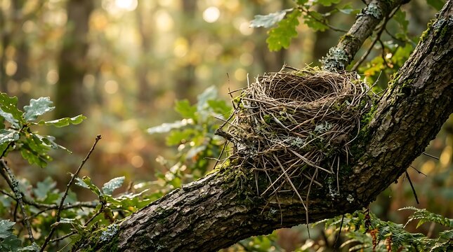 Small bird nest built from dry twigs on mossy branch inside green forest twig tree moss bark wood woods nature outdoors.