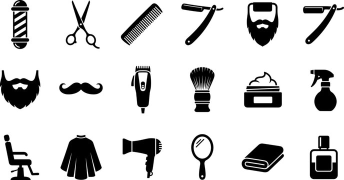 Set of black and white barber shop icons for salon services.