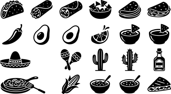 Set of Mexican food and culture black and white icons.