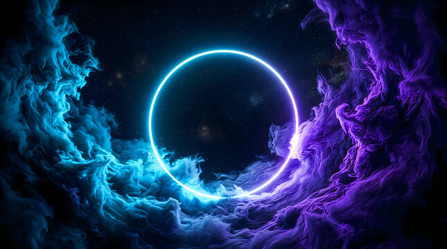 Glowing neon circle frame with blue and purple smoke clouds on a dark black background