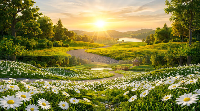 Beautiful daisy flower field in a green meadow during a golden sunset with a distant river