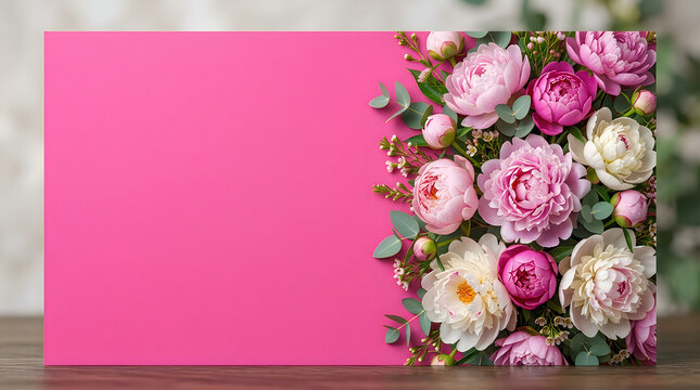 Beautiful pink peony flowers arranged on the side with a blank space for text invitation design