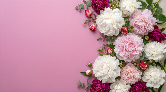 Beautiful pink and white roses arranged on a soft pink background with space for text