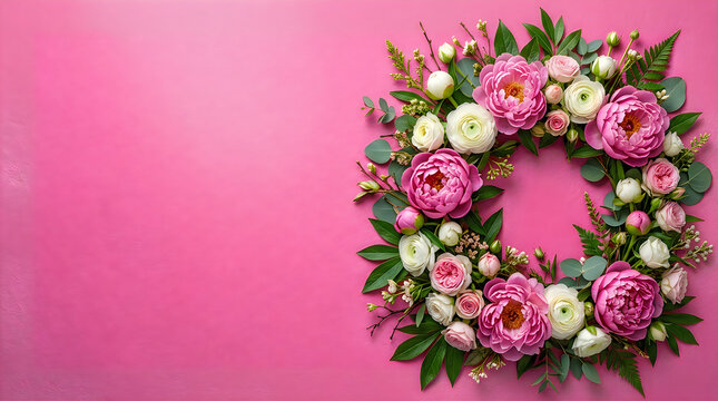 Beautiful floral wreath made of pink ranunculus flowers and green leaves on a vibrant pink background