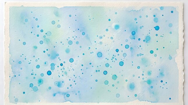 Abstract watercolor background with blue and teal paint splatters and drops on textured paper