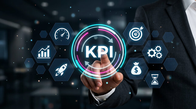 Businessman interacting with a digital interface showing Key Performance Indicators