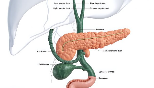 Human pancreas and gallbladder anatomy. Detailed medical illustration of digestive organs.