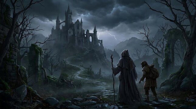 Mysterious journey towards ancient gothic castle on dark cloudy day