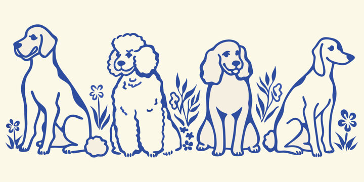 four dogs in hand drawn blue line art illustration canines poodles spaniels animals pets sketch outline vector simple minimalist cartoon friendly adorable whimsical