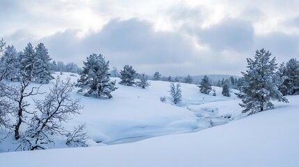 Obraz premium Snowy landscape with pine trees and frozen stream in overcast daylight