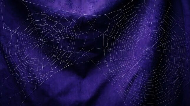 Intricate spiderweb on dark fabric background with subtle lighting