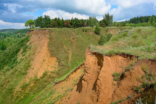 High clay cliffs on the Sosnovsky Hills on a summer day, Tambov region of Russia