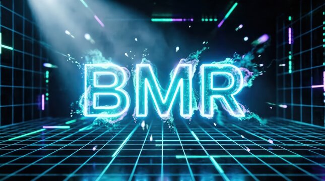 Glowing Neon BMR Text in Digital Cyberpunk Grid Environment