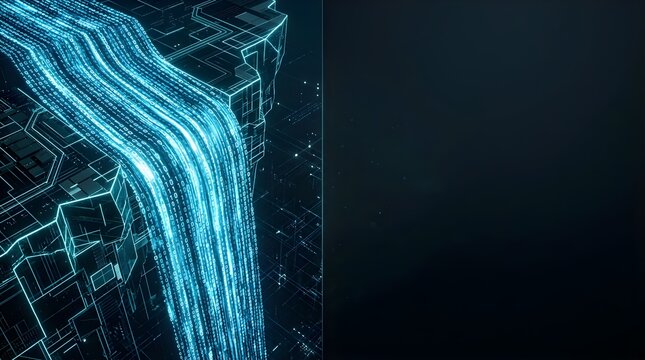 Digital data waterfall streaming over a neon cliff with dark background
