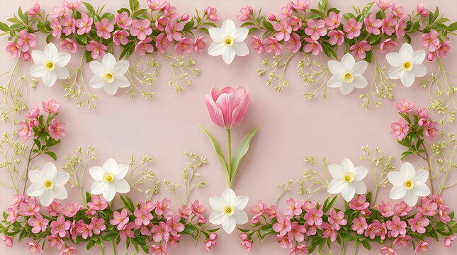 Beautiful floral frame with pink flowers and white daffodils for spring greeting cards