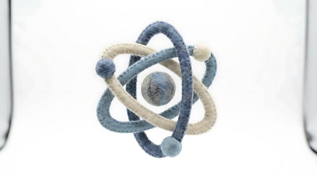 Abstract blue and white knitted atom sculpture on white.