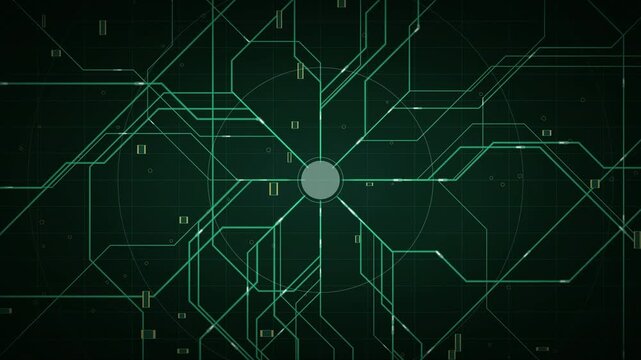 Abstract Radial Green Circuit Board and Central Processing Node
