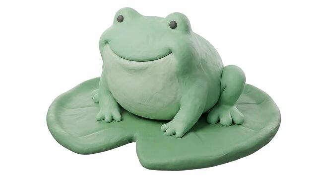 Smiling green clay frog sitting on a lily pad.