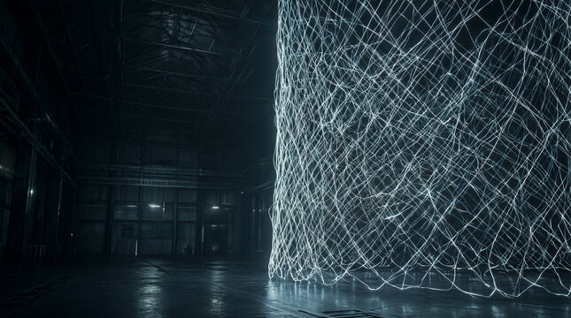 Force field mesh industrial space luminous filaments suspended in a dark warehouse environment creating a futuristic abstract background with copy space