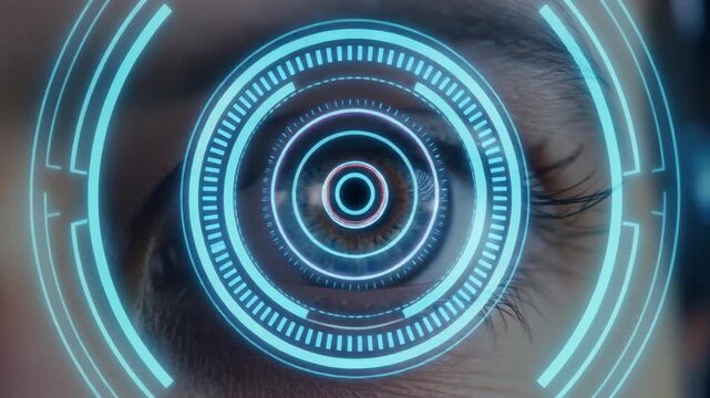 Robotic eye scanning environment with circular holographic targeting interface and cyberpunk lighting
