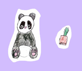 Hand Drawn Scanned Cute Panda Bear and Cactus Isolated Cutout Illustrations © wwwzes