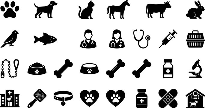 Set of veterinary and pet care related black icons.
