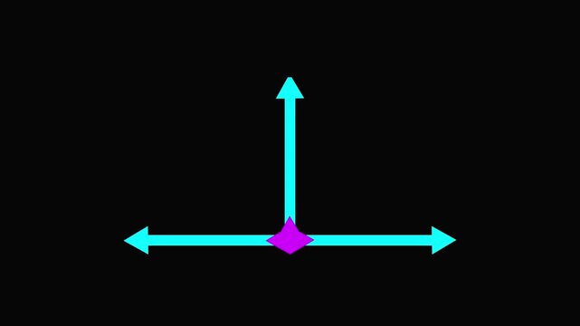 Cyan colored three dimensional axis arrows pointing upwards and horizontally against a solid black background representing a coordinate system or directional guidance.