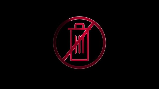 Red neon trash can prohibition sign with a luminous outline against a black backdrop, conveying a strong message of no waste or deletion allowed.