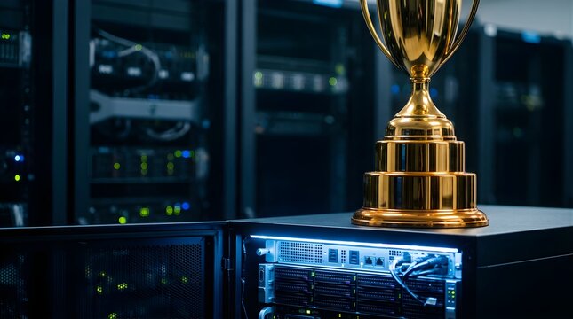 Golden trophy cup placed on a modern server rack in a data center